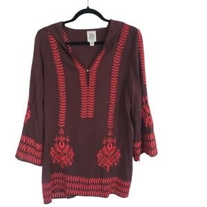 Ivy Jane Brown Red Embroidered Hooded Rayon Top Tunic Women's Medium  Boho